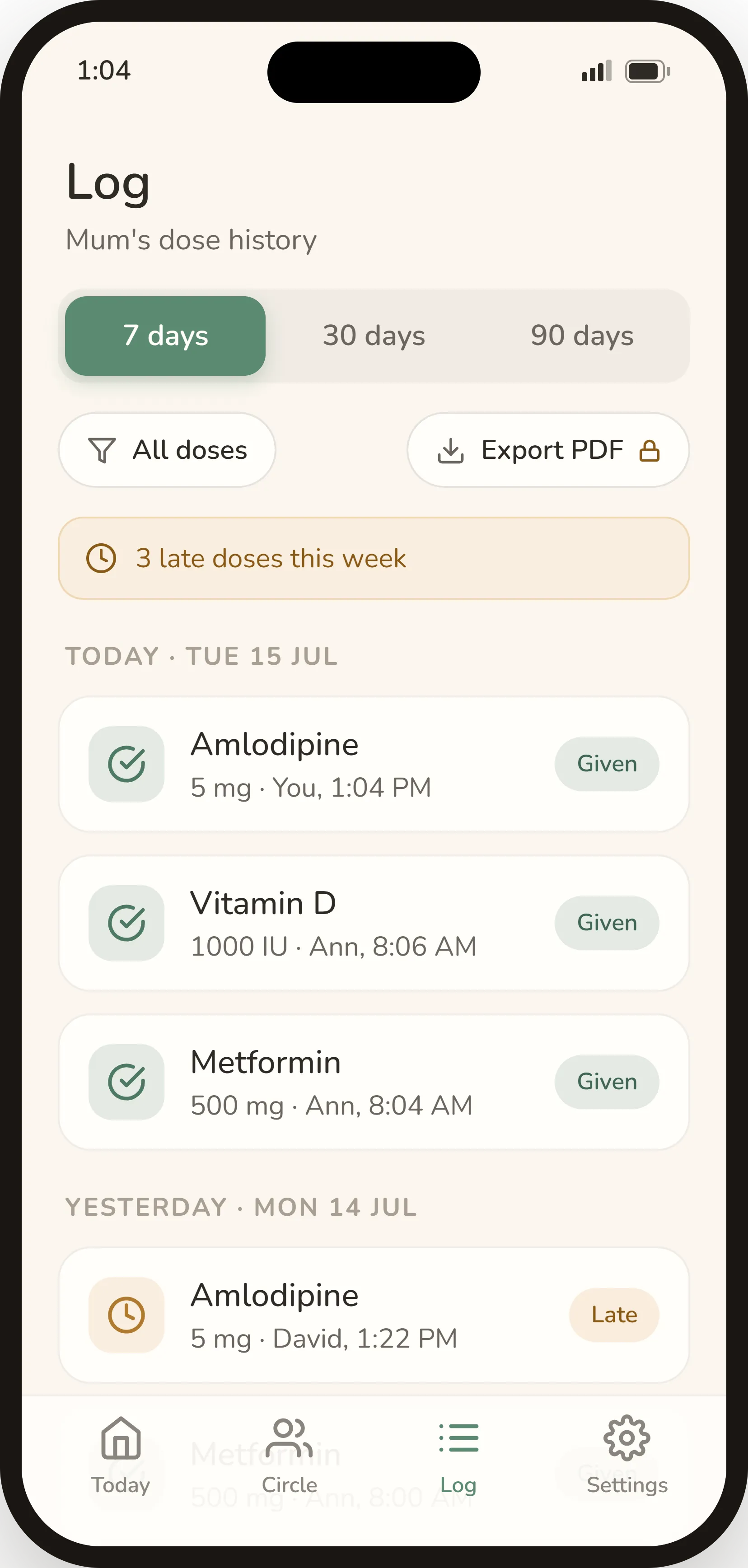 Wellnook log — dose history with PDF export
