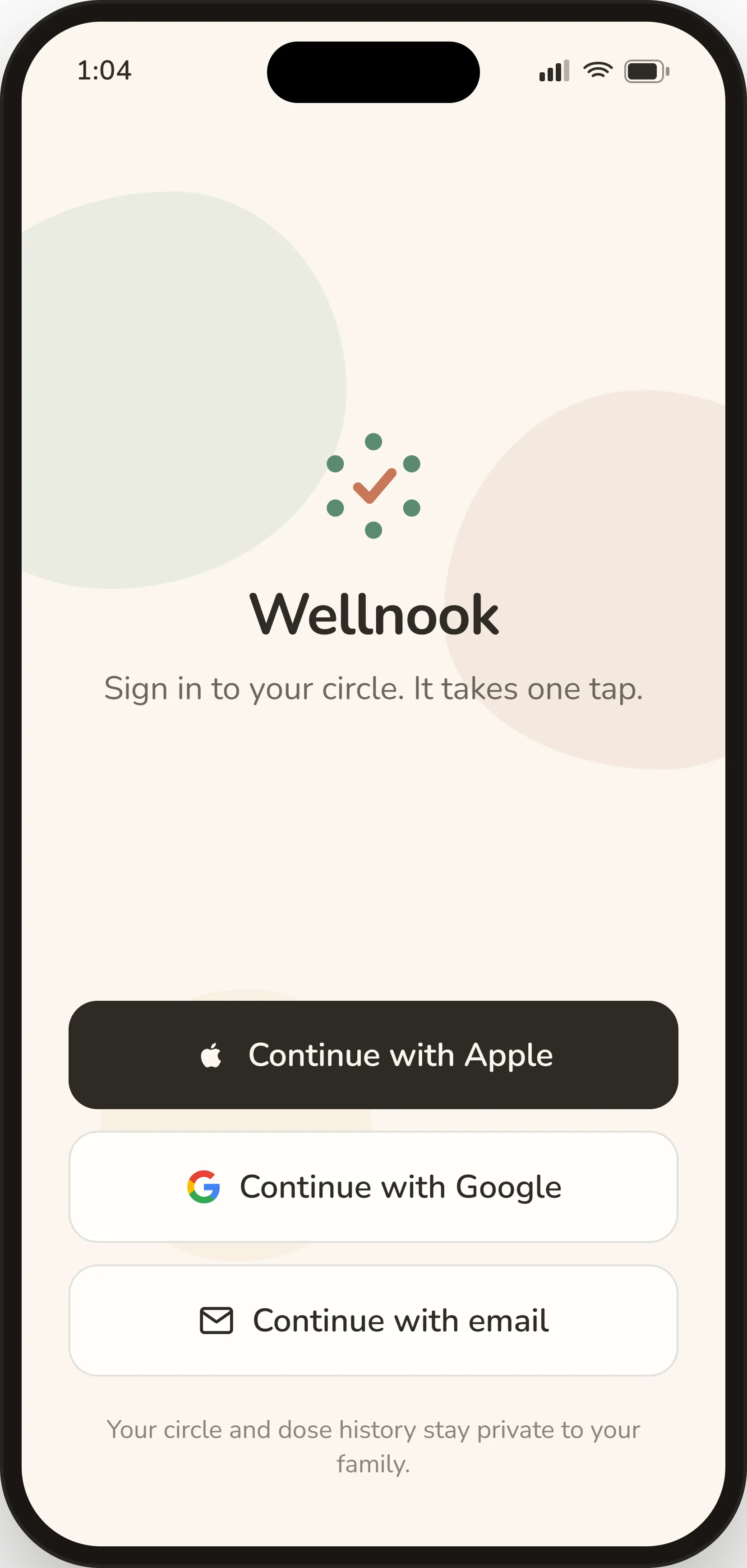Wellnook sign-in — Apple, Google, or email