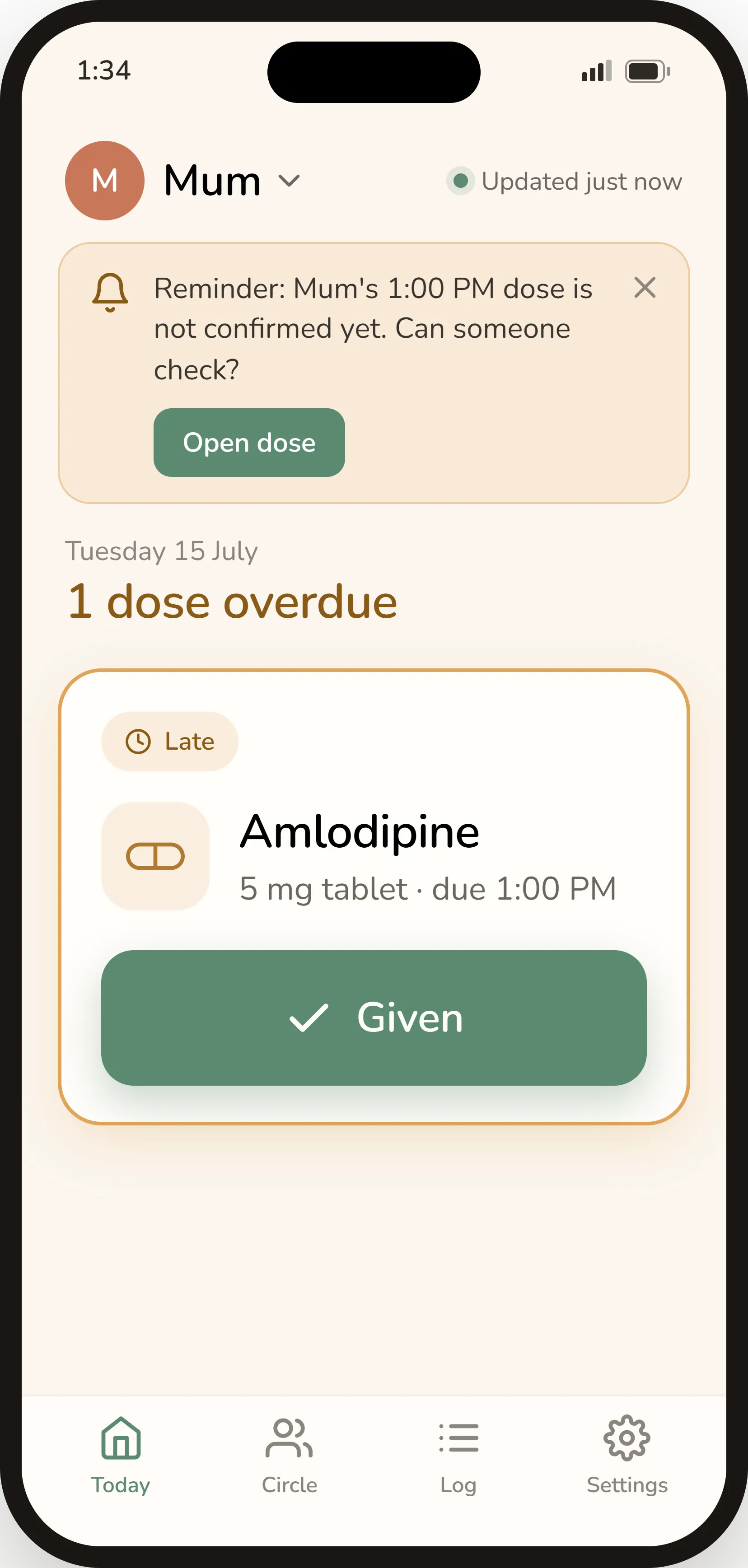 Wellnook Today view — a due dose with a large Given button